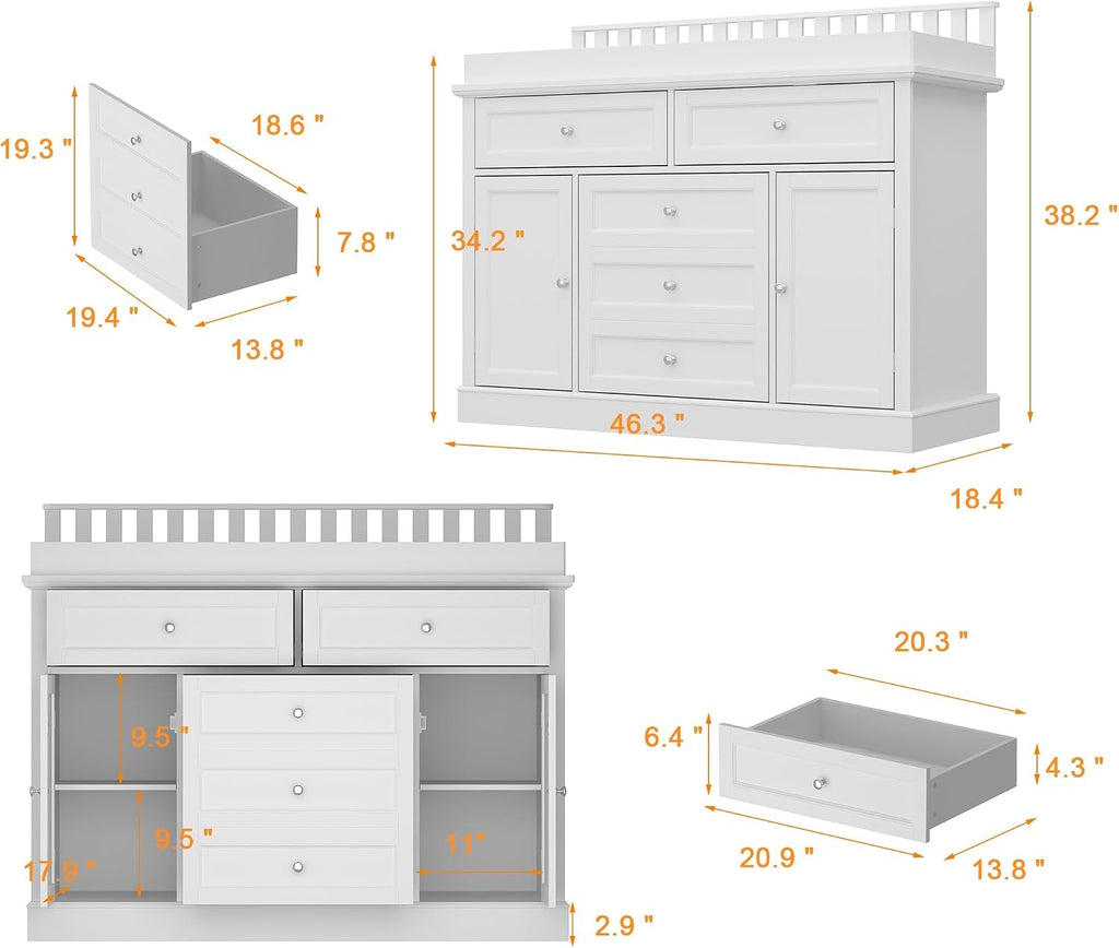 46" Baby Dresser with Changing Table Top, White Dresser with Storage Drawers and Doors , Multifunctional Nursery Baby