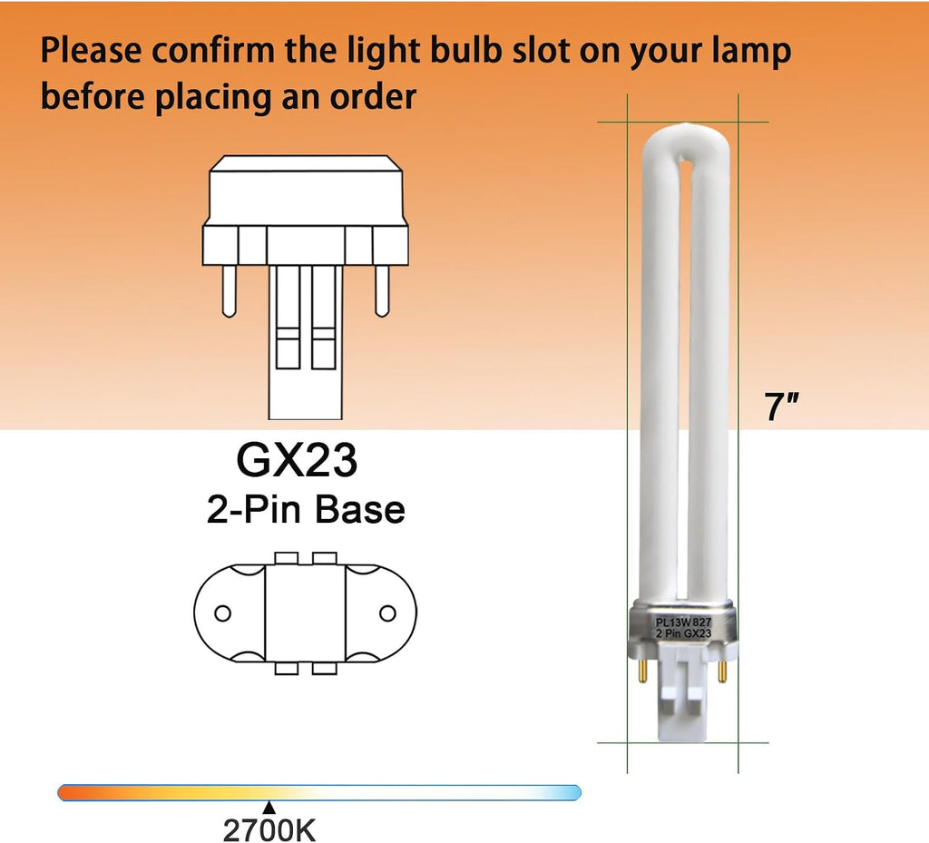 13W Single Tube 2 Pin GX23 Base Bulb, PLS13W27,2700K-6 Pack