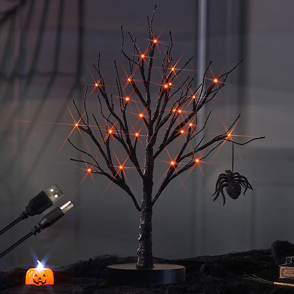 Black Halloween Tree with Lights 24 LED Orange with Timer, Lighted Tabletop Glittered Spooky Tree Artificial 18in for