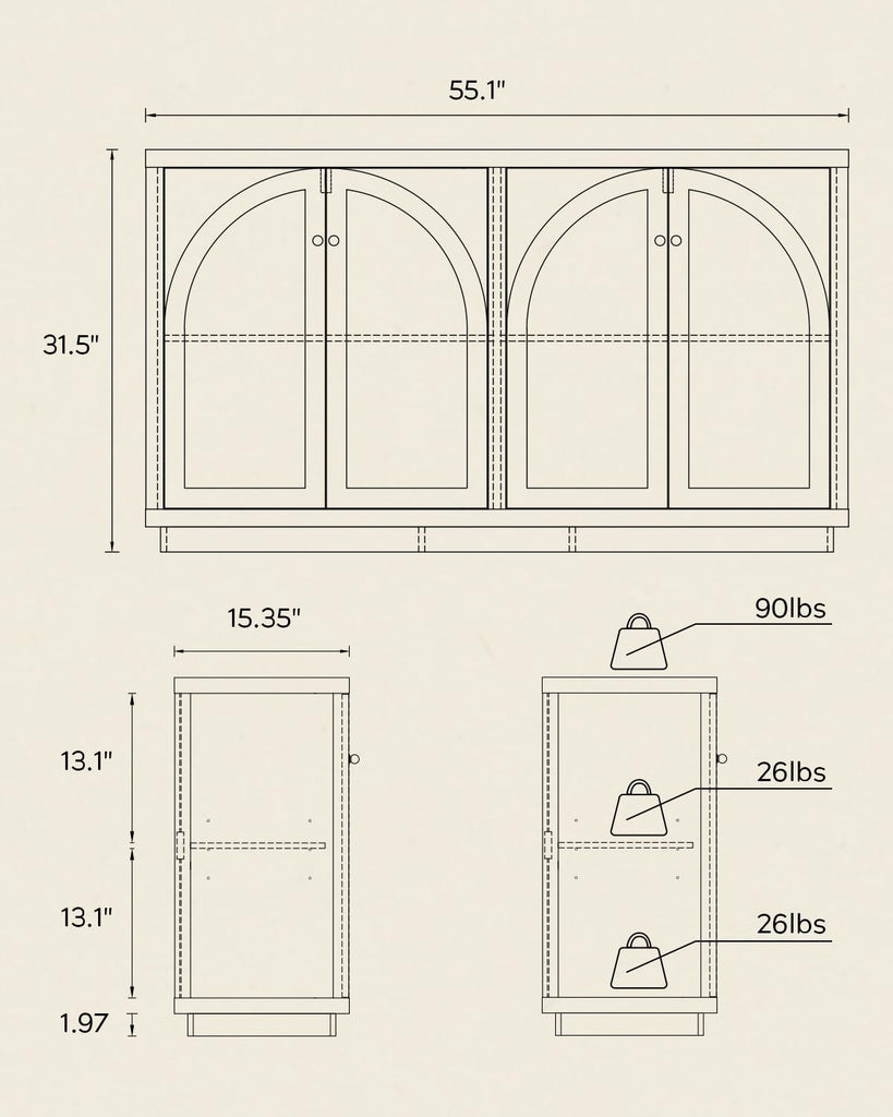 Sideboard Buffet Cabinet with 4 Doors, Modern Accent Storage Cabinet with Adjustable Shelves, Boho Console Table Bar