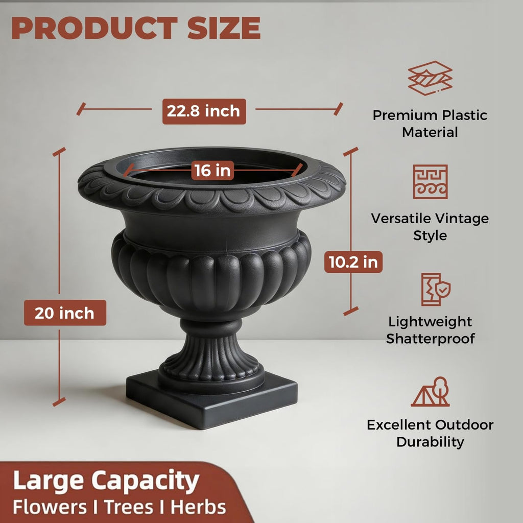 20" H Large Matte Black Roman Urn Planter, Lightweight Plastic Flower Pot