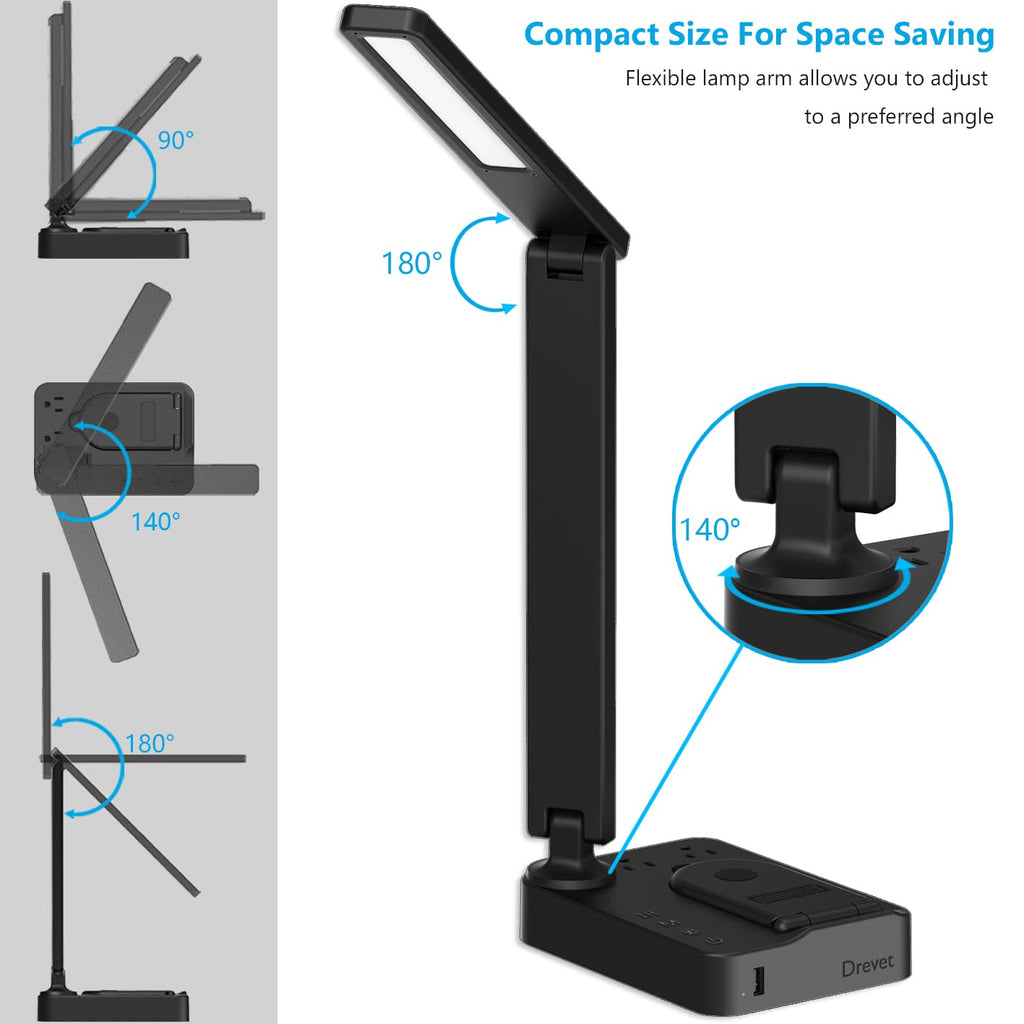 LED Desk Lamp with Wireless Charger, Desk Table Light with USB Charging Port and 2 Outlets, 3 Lighting Modes, 3 Level