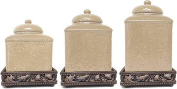 Savannah 3 Piece Ceramic Dinnerware Square Canister Set with Base, Cream Tooled Leather Floral Pattern, Modern Rustic