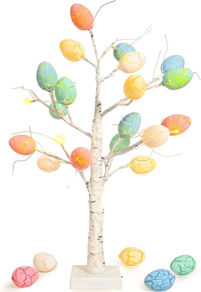 Easter Decorations 24 inch Pre-lit White Birch Tree with Easter Egg Ornaments, 24 Led Lights Battery Operated - Set of 24