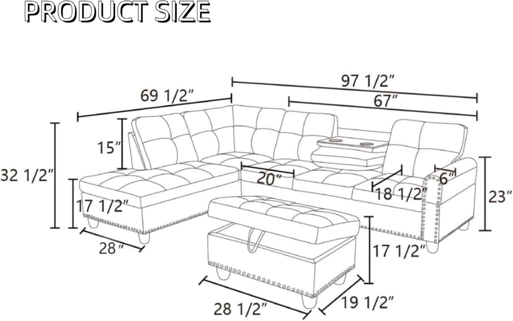 Leather 3-Piece L-Shaped Couches for Living Room, Sectional Sofa with Storage Ottoman & Movable Chaise