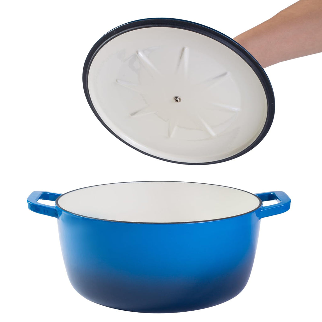 5QT Enameled Cast Iron Dutch Oven, Concave Self-Basting Lid, Blue