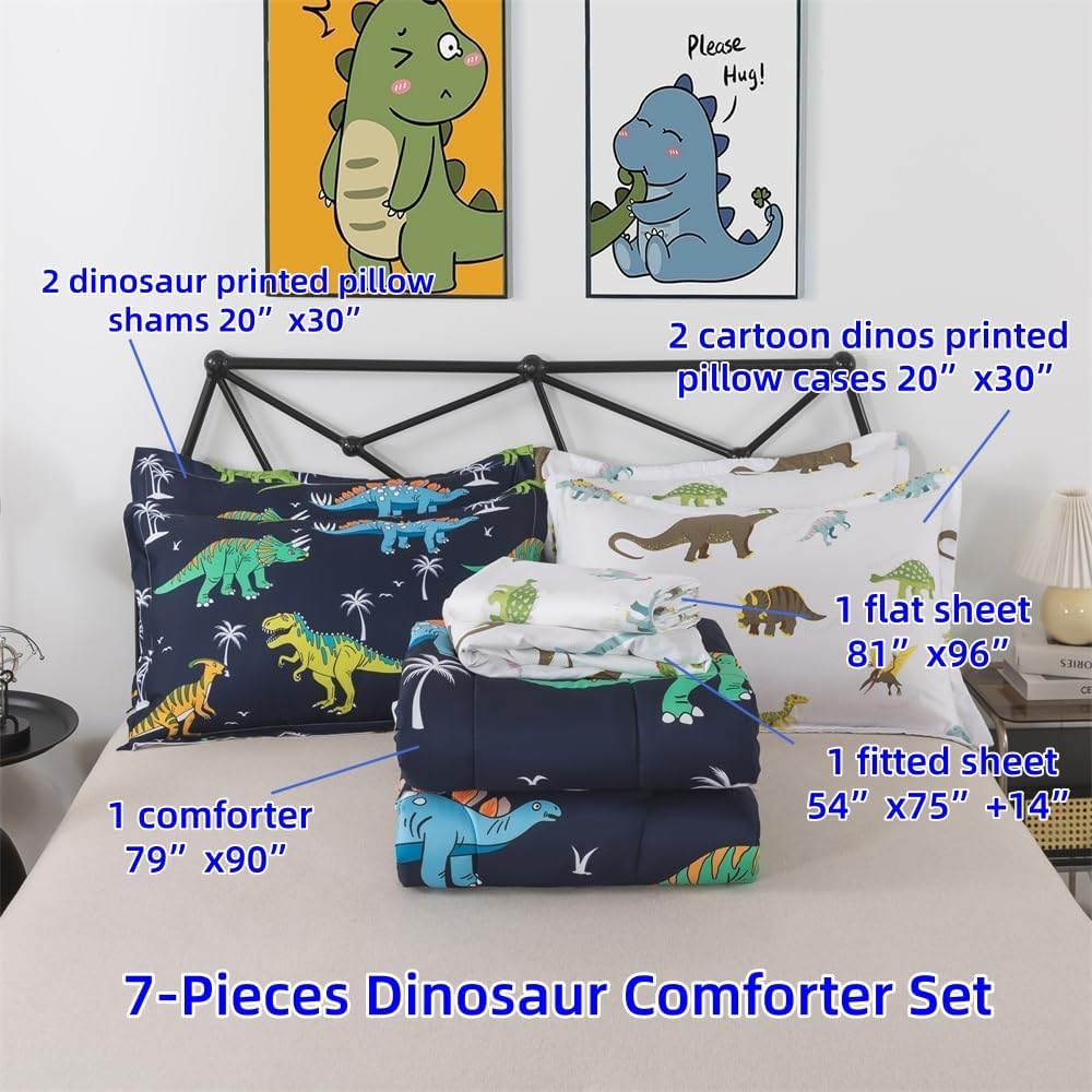 7 Pieces Dinosaur Comforter Full Kids Jungle Dinosaur Bedding Set Bed in A Bag for Boys T-Rex Dino Comforter and
