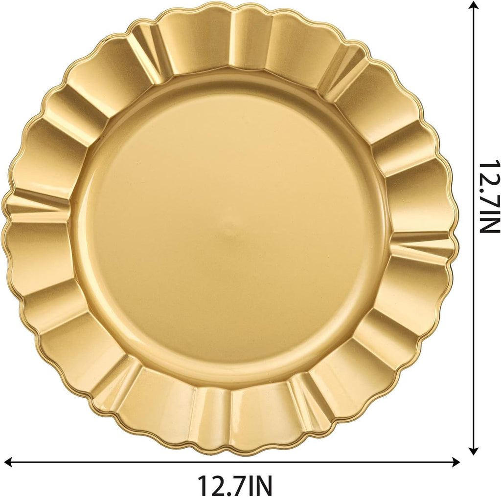 Gold Charger Plates, 13" Decorative Round Dinner Plate Chargers, Reusable Plastic Dinner Chargers with Fluted - Set of 12