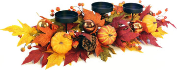 Fall Candle Holder Centerpiece for Table - Thanksgiving Table Decor with Pumpkins, Maple Leaves,Autumn Harvest - Set of 3