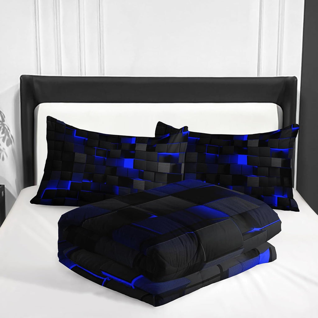 Neon Blue Black Comforter Set Full Geometric Kids Bedding Set,3 PCS Geometry Honeycomb Bed Set Modern Quilt Set 1