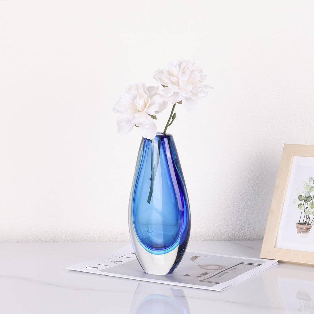 Hand Blown Glass Vase - 8.9" Tall Oval Decorative Art Glass with Colorful Speckled Finish, Luxury Centerpiece for