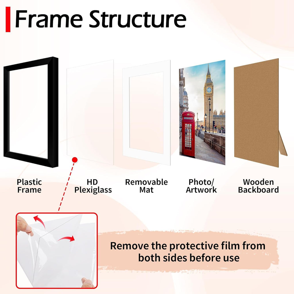 8x10 Picture Frame Set of 8, Black Photo Frames for Tabletop or Wall Display, Fits Pictures 5x7 with Mat or 8x10