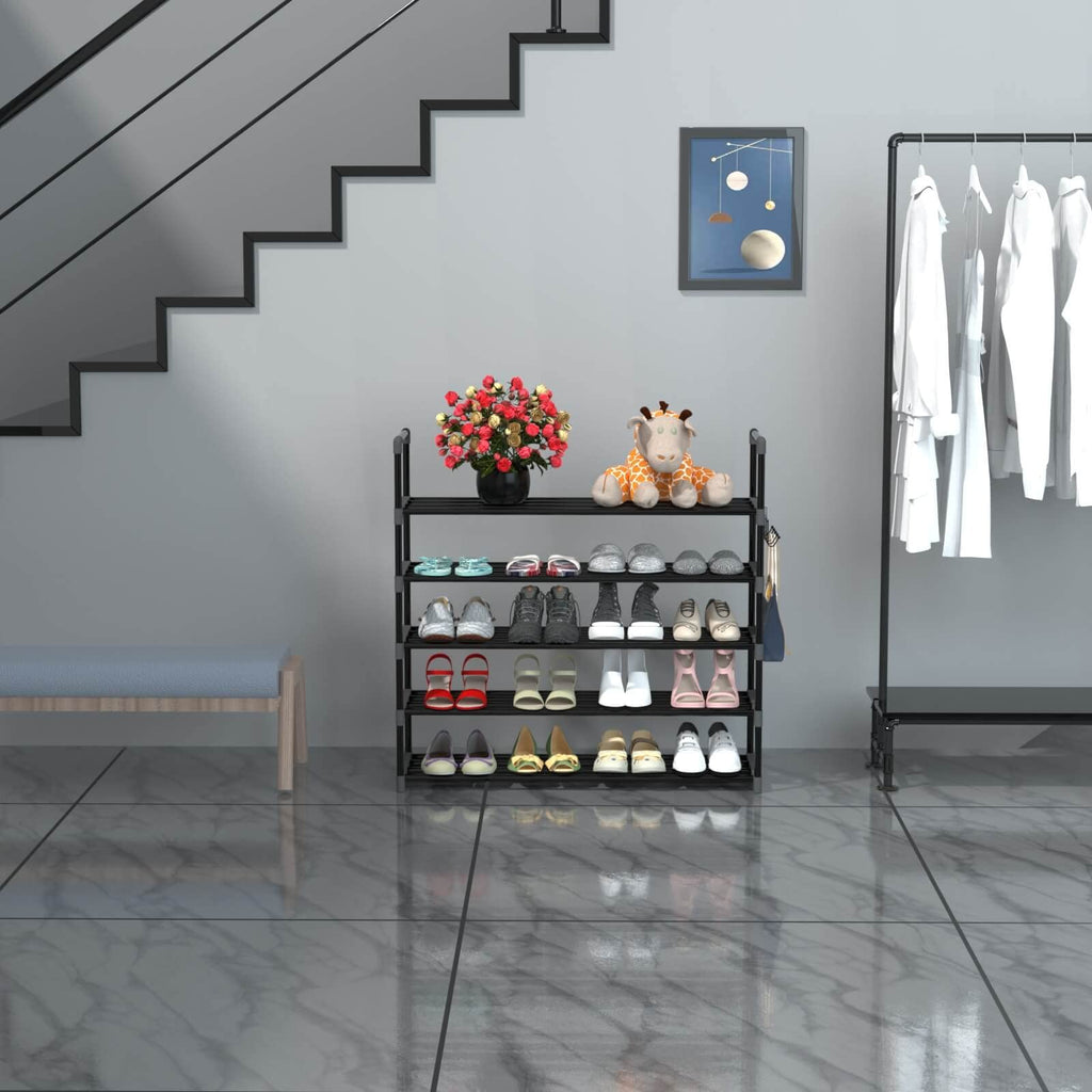 Shoe Rack for Closet, 5-Tier Metal Shelf Storage with Hooks, Black
