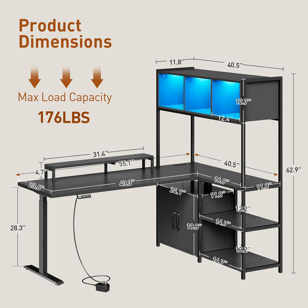55'' L Shaped Standing Desk, Sit Stand Desk with Storage Hutch | Stand Up Corner Gaming Desk with Shelves, Cabinet