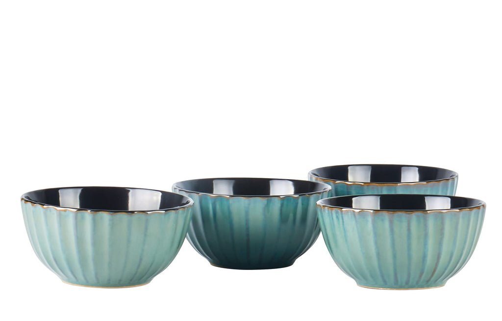 Ribbed Stoneware Dinnerware Set, Reactive Glaze Golden Green, Service for 4