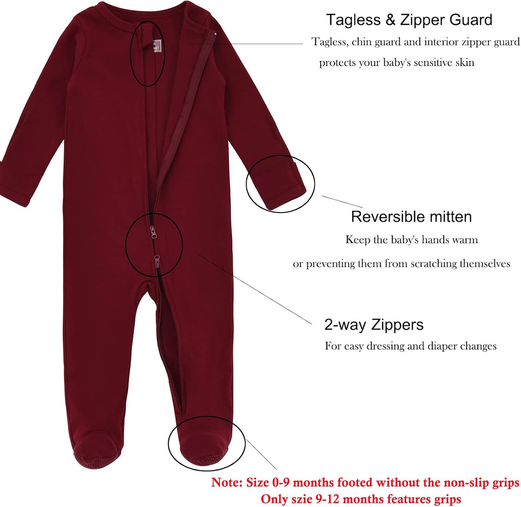 Baby Pajamas with Feet and Mittens Pack Zip Up Infant Cotton Long Sleeve Footies