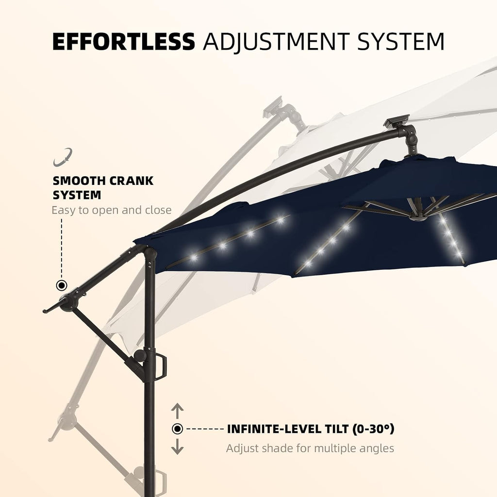 10ft Solar LED Offset Hanging Market Cantilever Patio Umbrella and Garden, Easy Tilt Adjustment