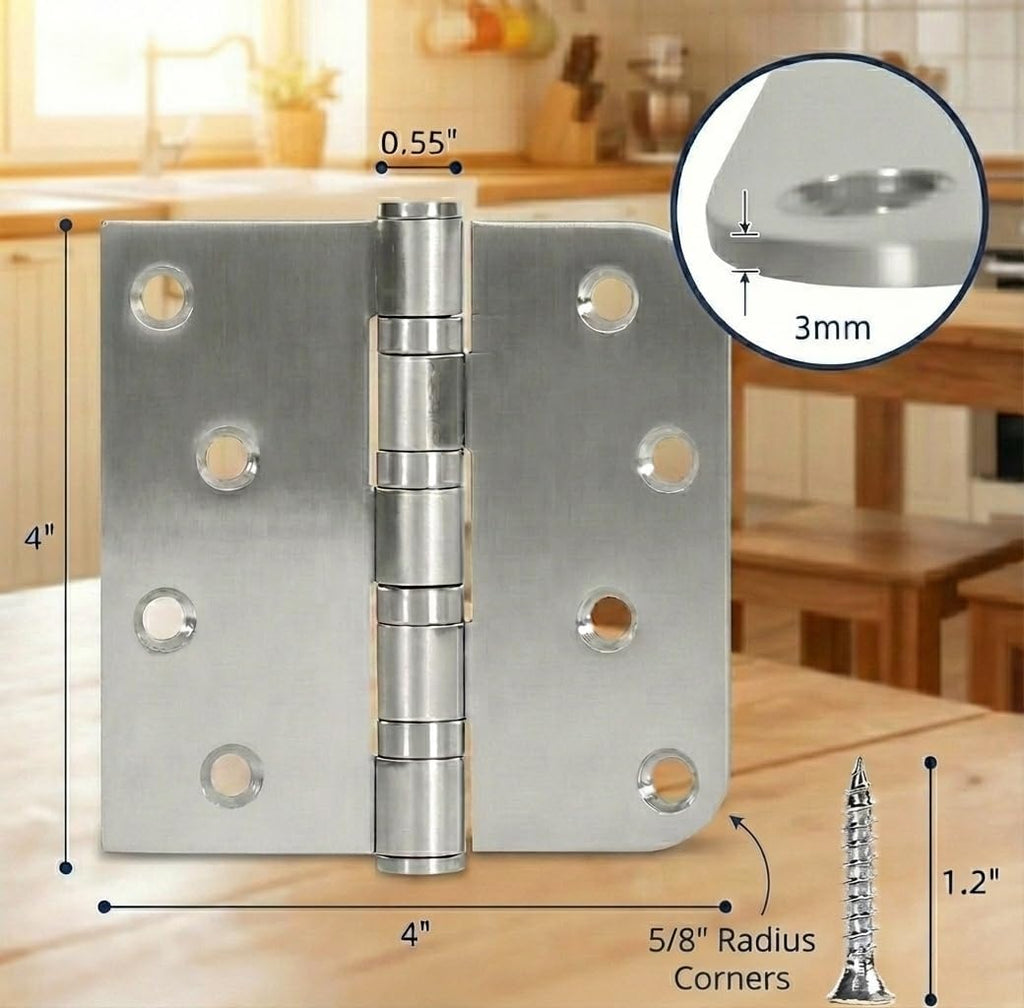 3 Pack Ball Bearing Door Hinges, 4x4 Inch Heavy Duty Stainless Steel Hinges, Brushed Nickel, 5/8" Radius Corner