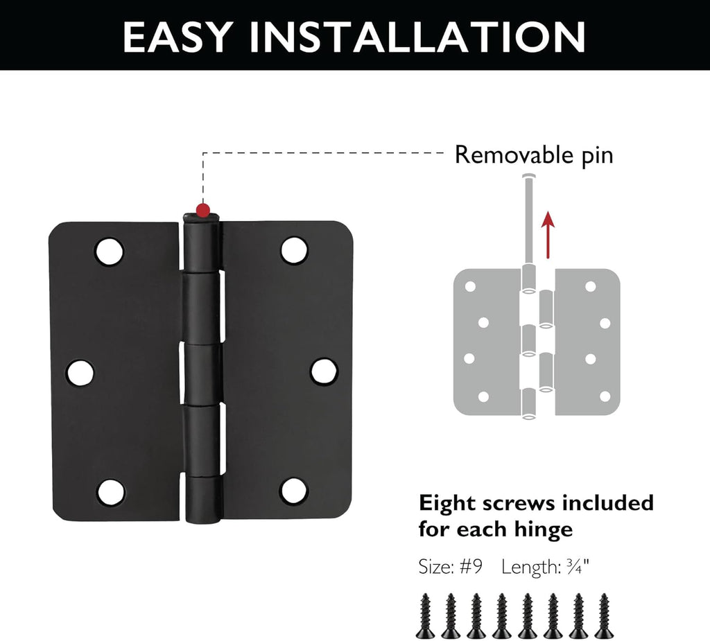 10-Pack 3.5-Inch x 3.5-Inch Interior Door Hinges with 1/4-Inch Radius, Matte Black, Heavy Duty Steel Construction