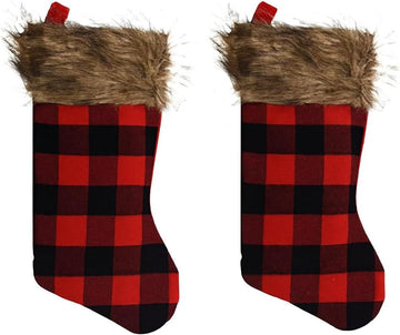 Christmas Stockings Red and Black Buffalo Plaid Check Faux Fur Trim 16 Inch x 8.5 Inch Set of 2 Holiday Decor Festive