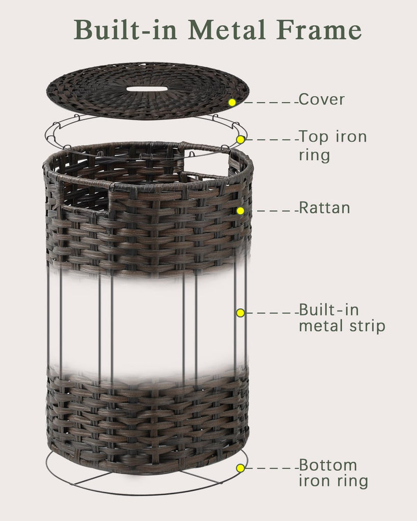 Laundry Basket with Lid Round Rattan PE Laundry Hamper, Brown