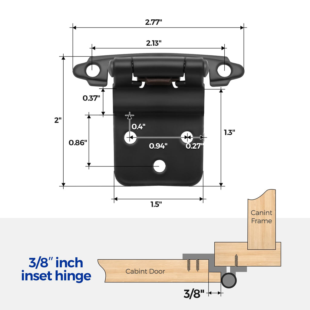3/8" Inset Matte Black Cabinet Hinges 6 Pack (3 Pairs)