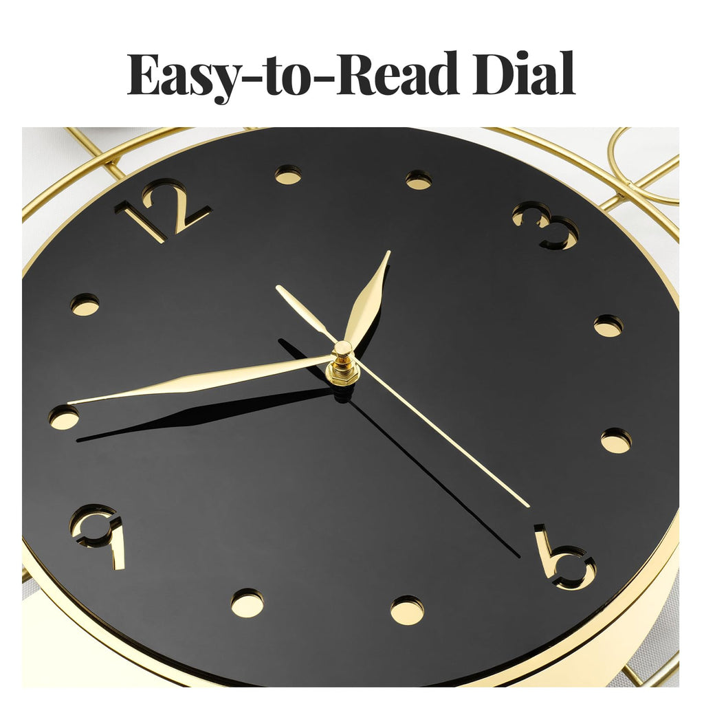 Modern Wall Clock Black Gold with Pendulum, Decorative Metal Clock