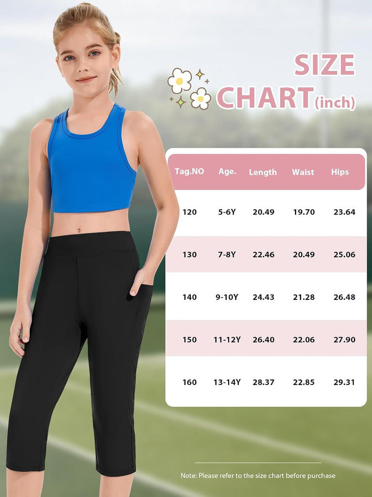 Girls Capri Pants Athletic Leggings High Waist Workout Yoga Pants with Pockets Crop Straight Trainning Pants