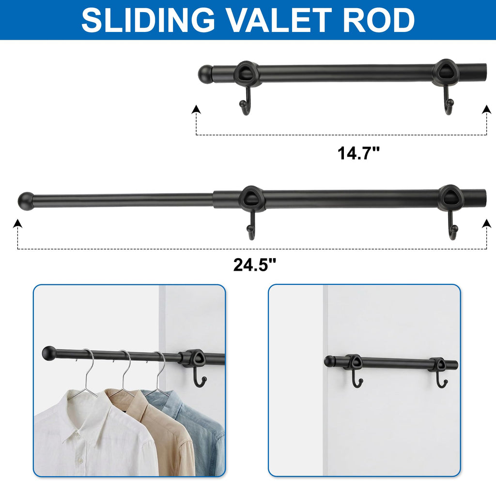 Valet Rod for Closet Pull Out with Hooks, Easy To Install (Black/2 Pack, 14 Inch)