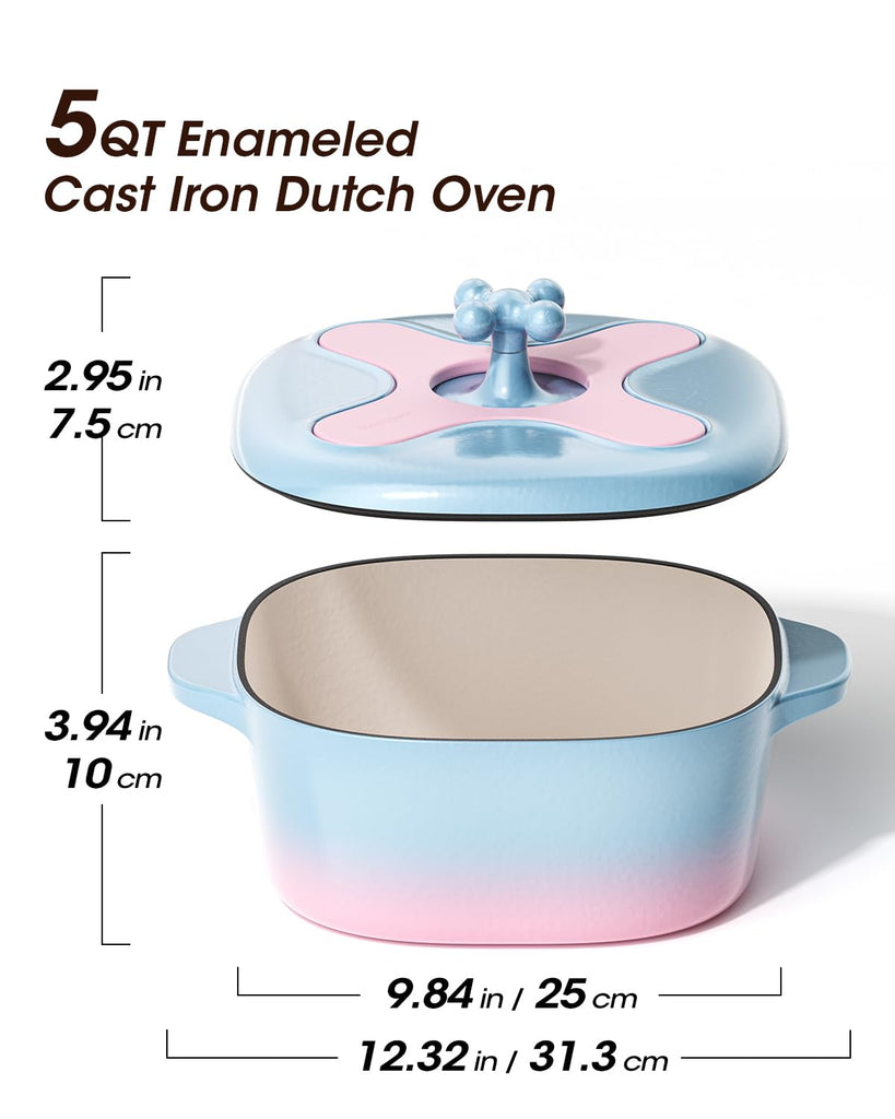5 Quart Enameled Cast Iron Dutch Oven Pot with Lid, Rounded Square, Blue