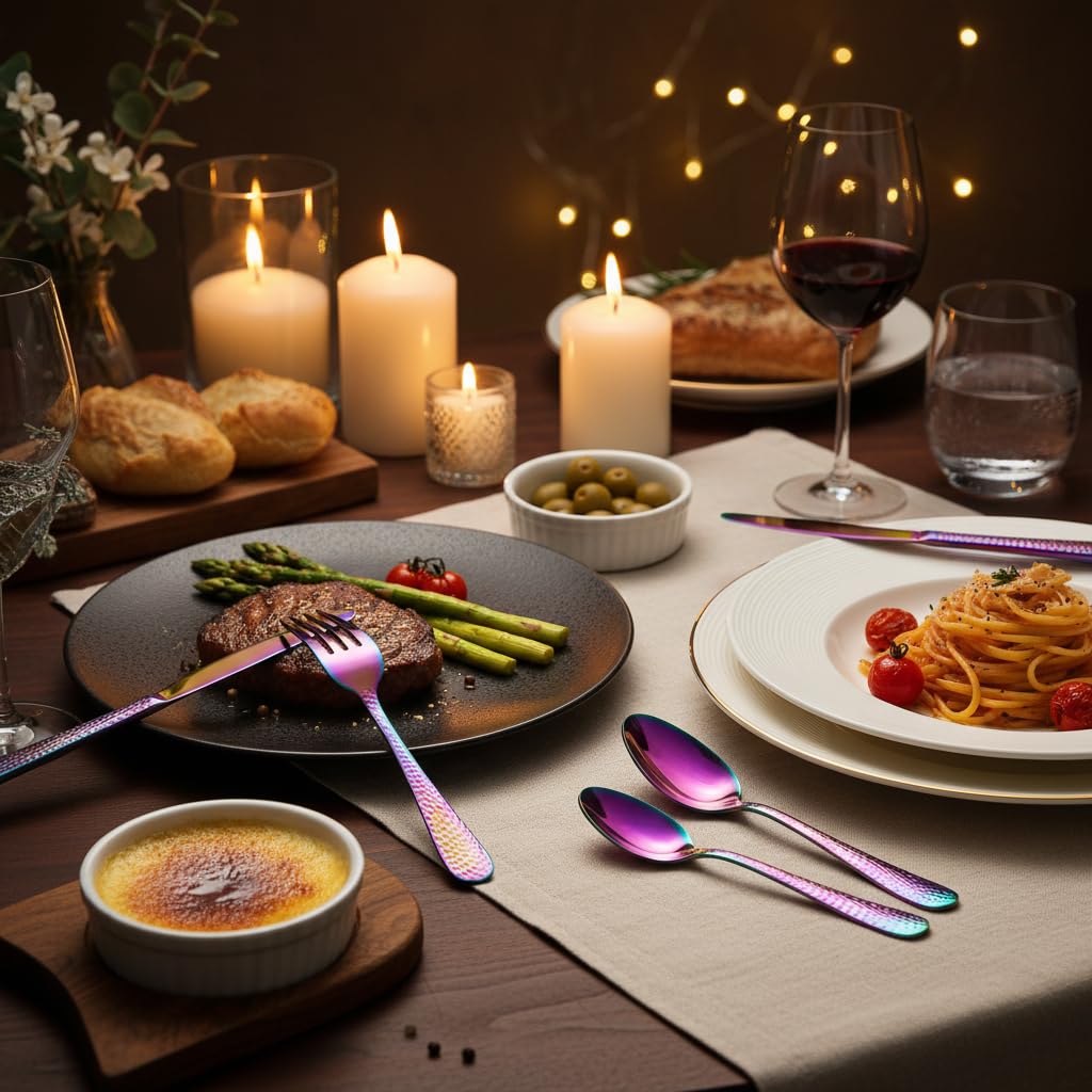 30-Piece Rainbow Hammered Stainless Steel Flatware Set