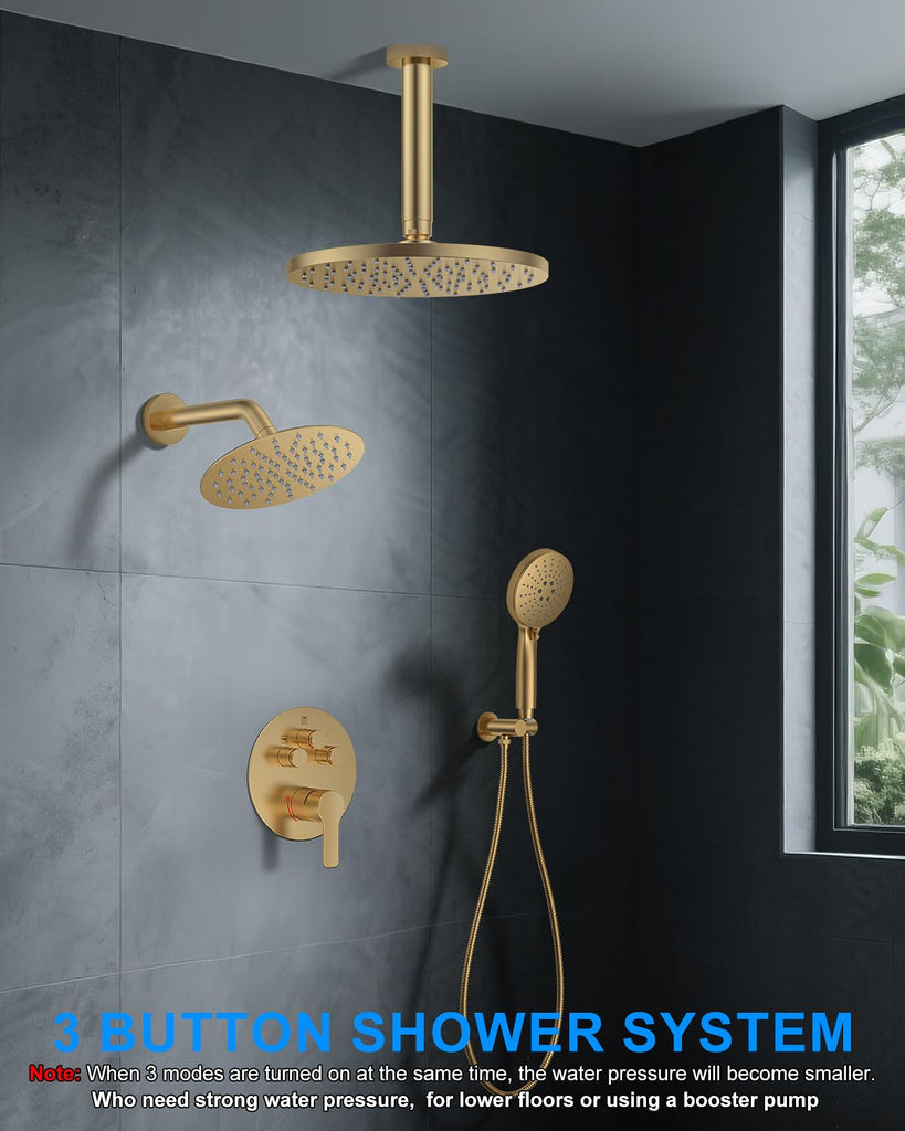 Shower System with Pressure Balance Valve, 10" Ceiling Mount Shower Faucet Set with 2 Rain Shower Head