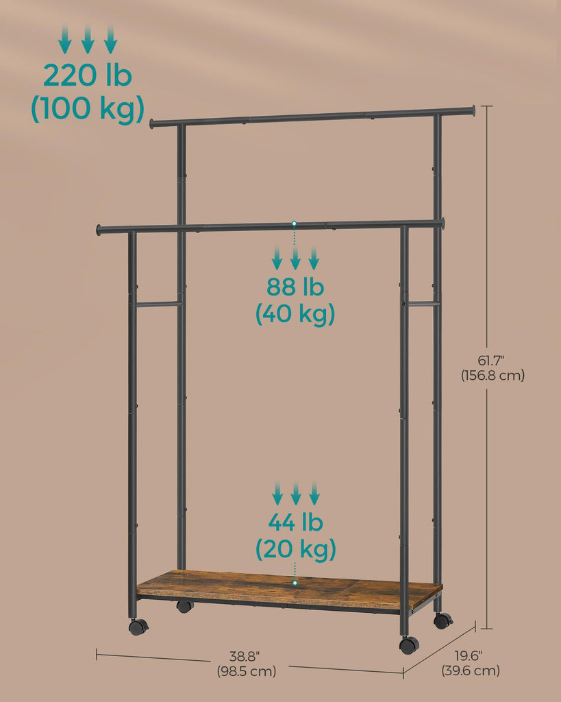 Clothes Rack with Wheels, Steel Garment Rack with Shelf