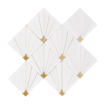 Marble Mosaic Tile Shower and Bathroom Walls, Thassos Marble with Brass Accent, Waterjet Backsplash Tile, 11" × 11"