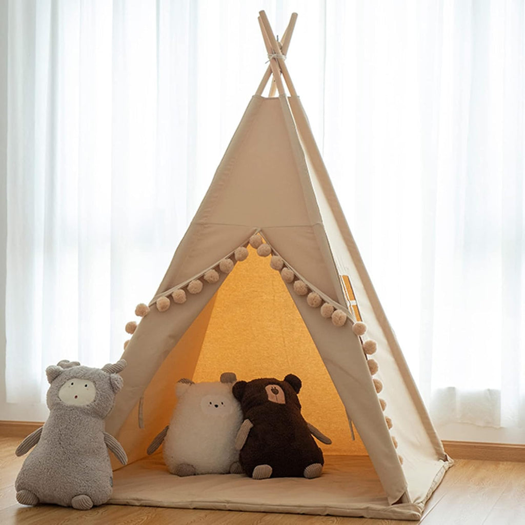 Teepee for Kids Tent Indoor with Floor Mat,Carry Bag,Banner,Play Cottage with Star Light, Cotton Canvas Kids Teepee