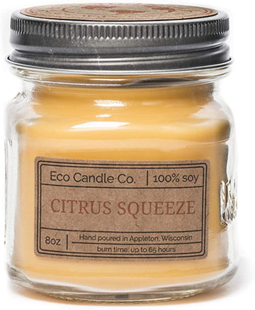 Mason Jar Candle, Citrus Squeeze, 8 oz. - Scents of Orange, Tangerine, Grapefruit, Lemon, & Lime - 100% Soy Wax, No
