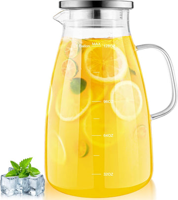1 Gallon 128oz Glass Pitcher, Water Pitcher with Lid and Spout, Glass Carafe for Hot/Cold Drink, Water Jug for Iced