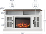 Traditional 58" Rustic TV Stand with 23" Electric Fireplace Heater with Sound, Media Entertainment Center Console Table for TV up to 65" with Open Storage Shelves and Cabinets - White A132-B0BDLHKMNS