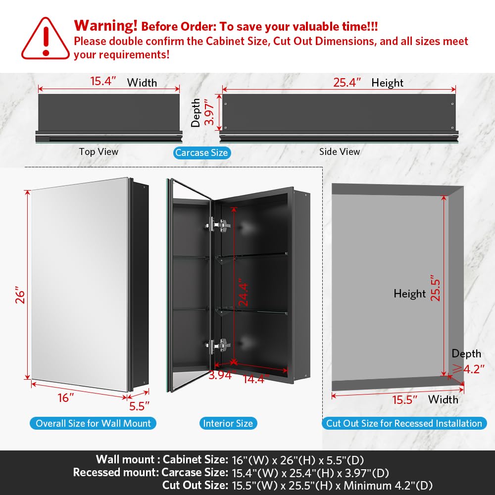 16"x26" Medicine Cabinet with Mirror, Recessed or Surface, Black
