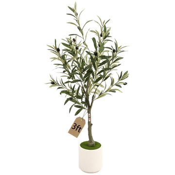 3FT Spherical Fake Olive Tree Artificial Indoor, Faux Olive Tree with Pot, Large Olive Branches and Lifelike Fruits