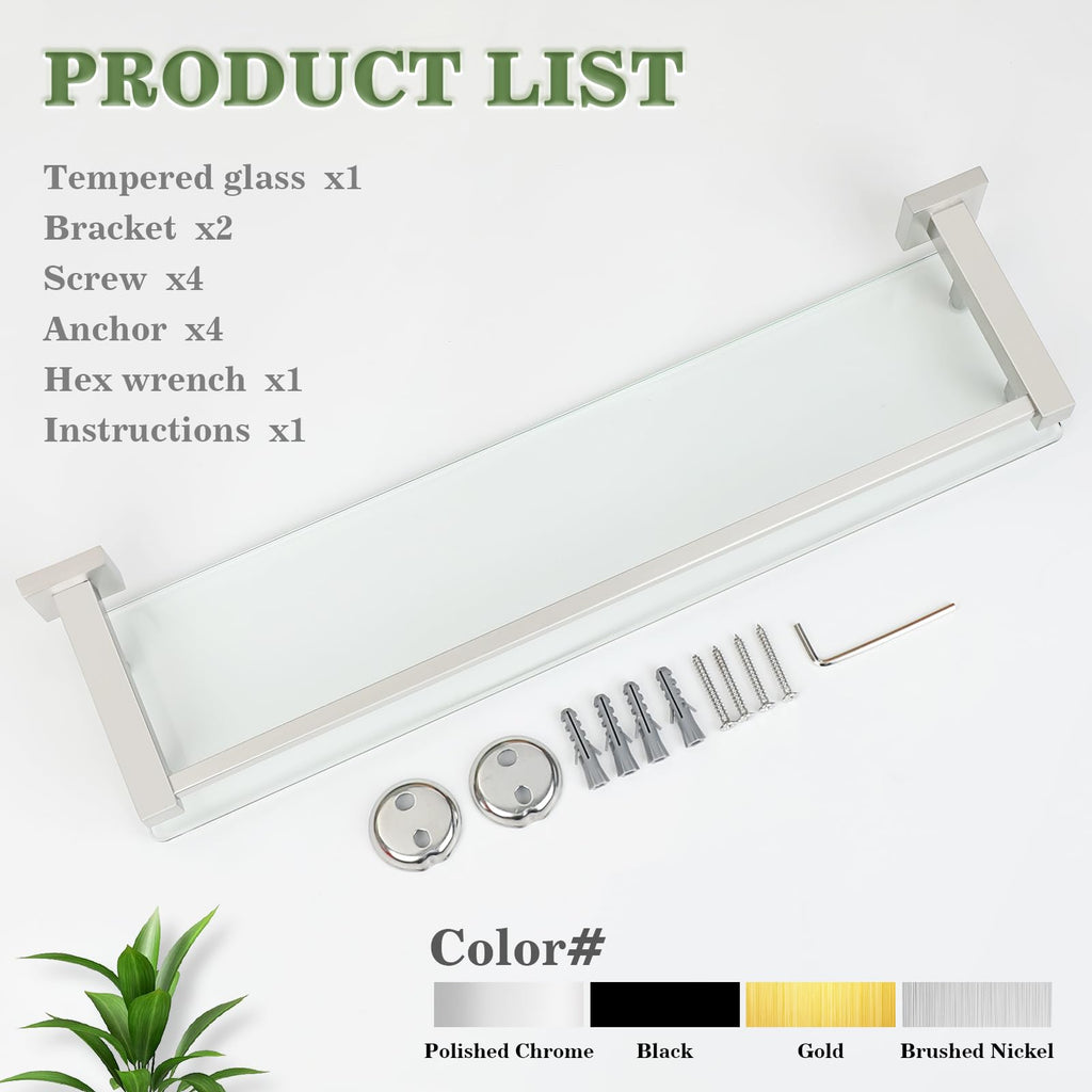 Glass Shelf 20 Inch, Brushed Nickel Floating Glass Shelf