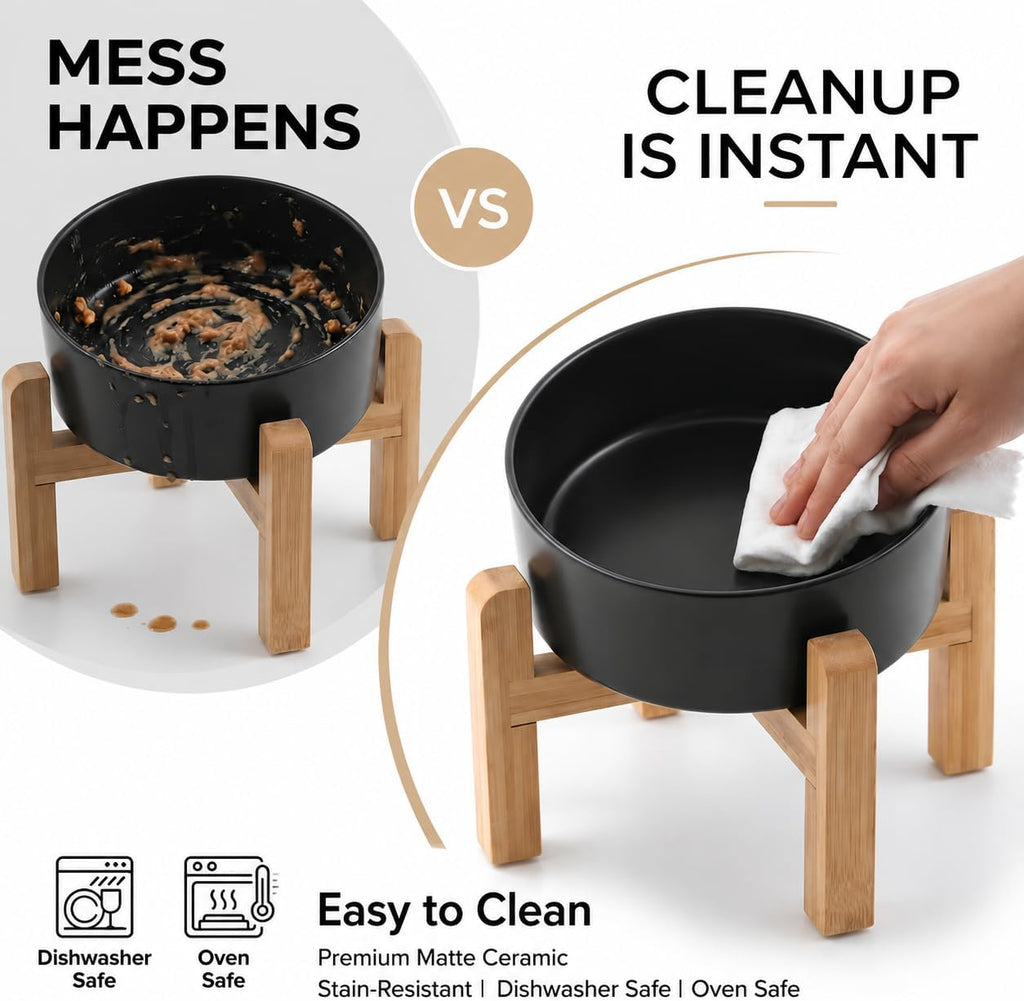 Elevated Ceramic Dog Bowl/Raised Ceramic Dog Bowls with Bamboo Stand, 15°Slanted Raised Pet Feeder for Small Medium