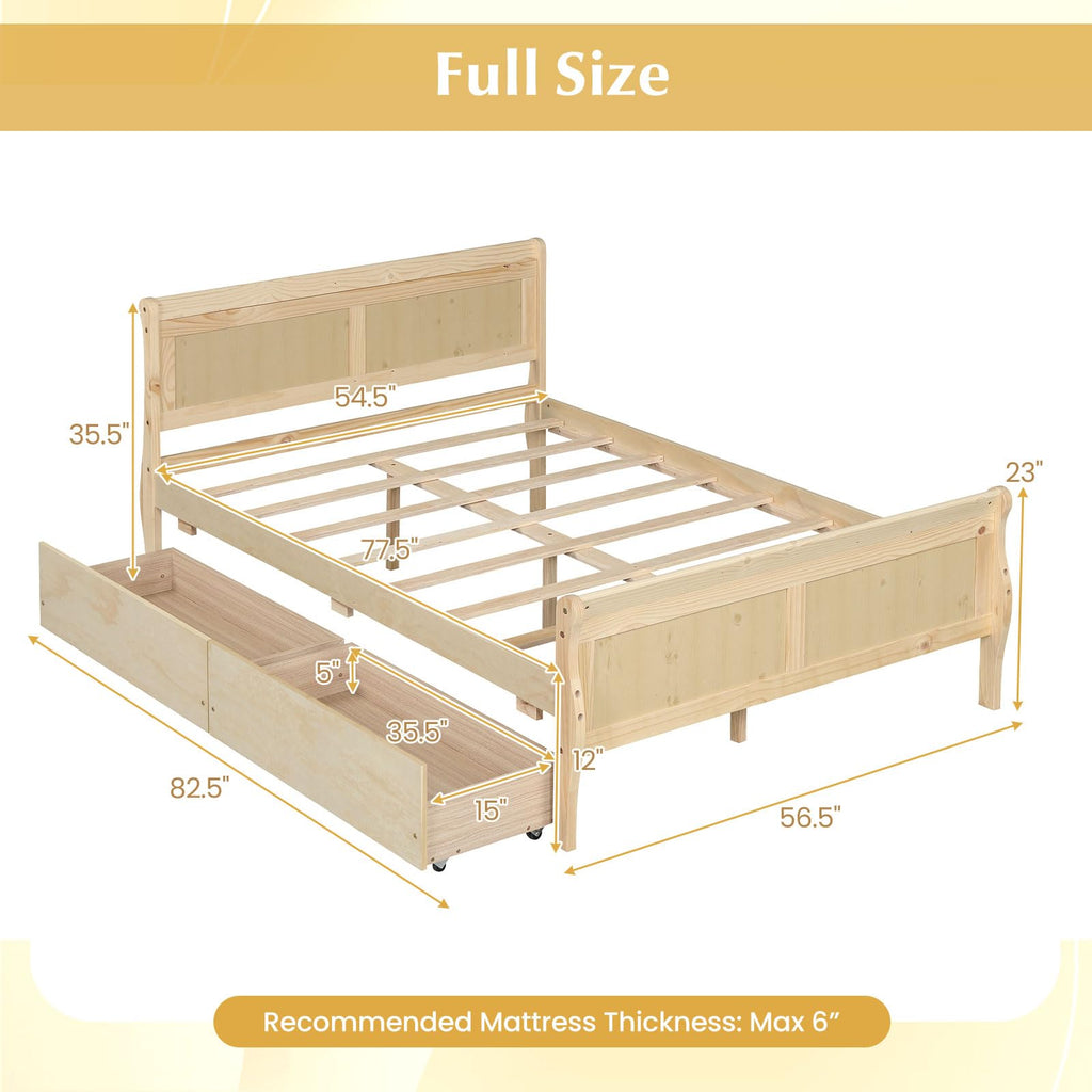 Full Bed Frame with 2 Storage Drawers, Wood Platform Bed with Headboard & Footboard, Wooden Slats Support Mattress
