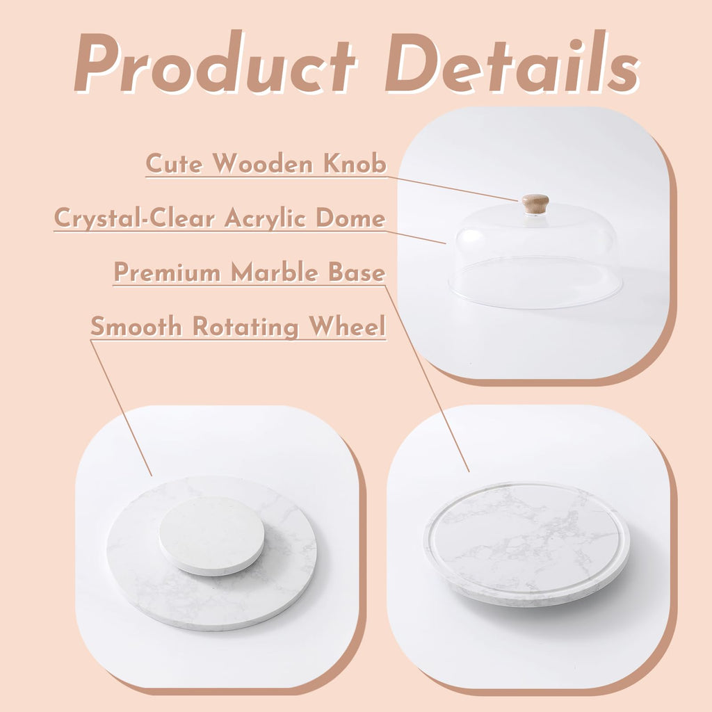 Marble Cake Stand with Acrylic Dome Lid, Cake Holder 360° Rotating, Cake Plate Board for Party, Wedding, Cake Display