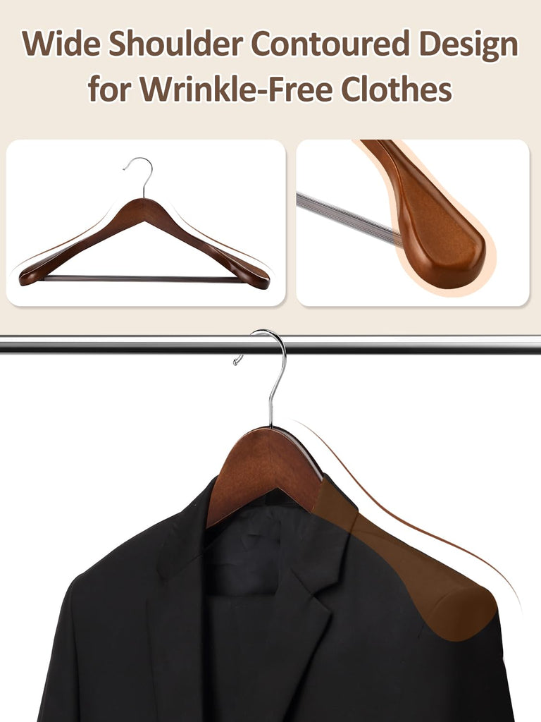 Wide Shoulder Wooden Hangers 8 Pack Coat Hanger with Non Slip Pants Bar, Heavy Duty Suit Hanger Wood Clothes Hangers