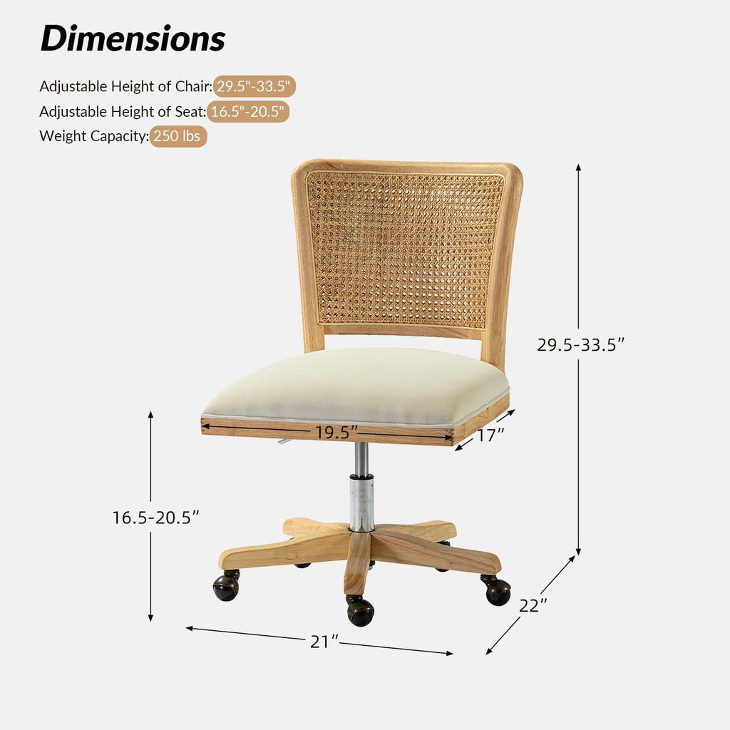 Rattan Office Desk Chair with Wicker Back & Wheels, Beige