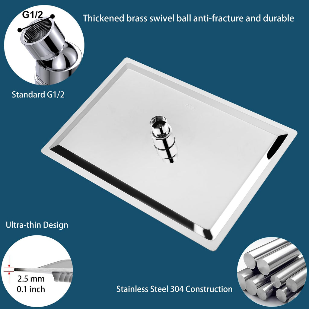 Extra Large Rain Shower Head, High Flow Stainless Steel 16 * 12 Inch Rectangle Rainfall Shower, Waterfall Bath Shower