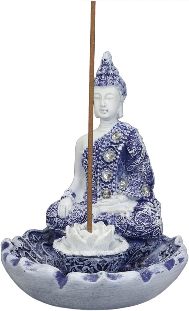 Bhumisparsha Mudra Buddha Amitabha Meditating by Padma Lotus Flower Incense Holder Burner Figurine in Terracotta Blue