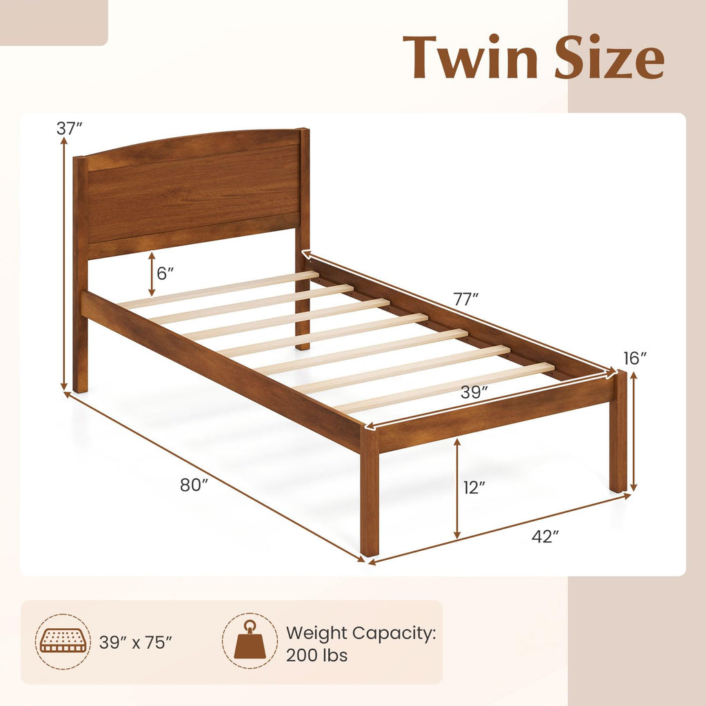 Twin Size Wooden Bed Frame with Curved Headboard, Walnut