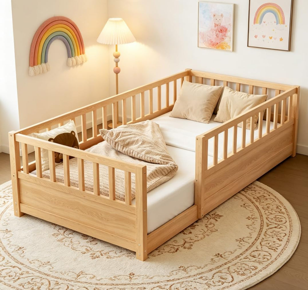 Twin Floor Bed with high Fence, Solid Pine Wood Montessori Bed for Kids Girls Boys Floor Bed Frame,Natural with slats